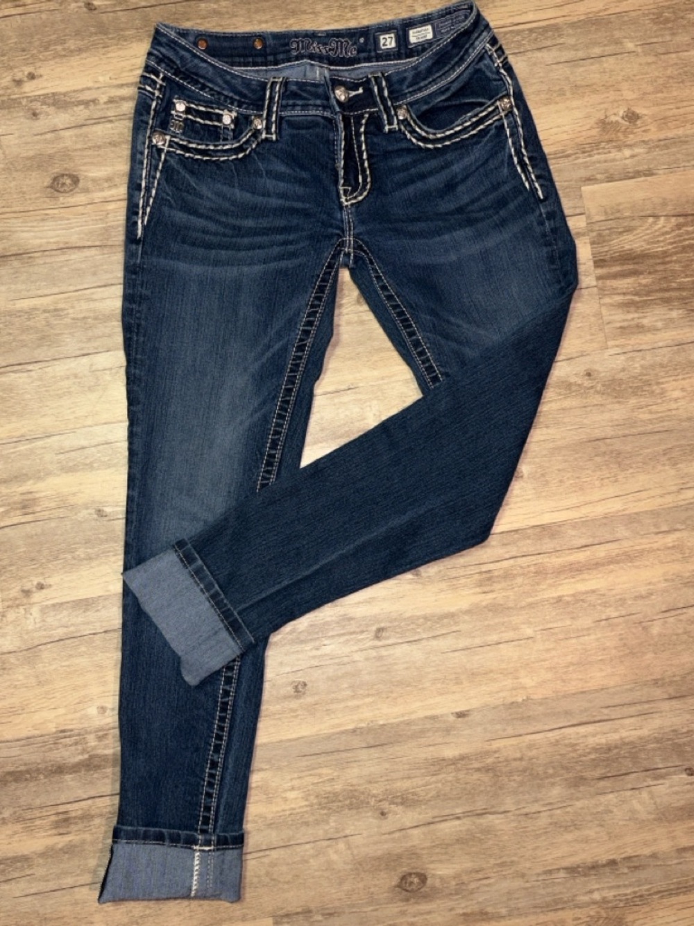 Miss Me Dark Blue Ankle Jeans with Contrast Stitching